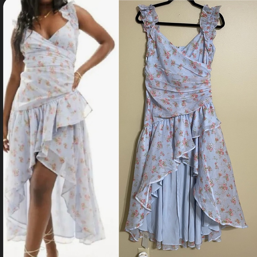 Abercrombie & Fitch Ruffle Strap‎ Asymetric Hem Maxi Dress Blue Pink Floral MP